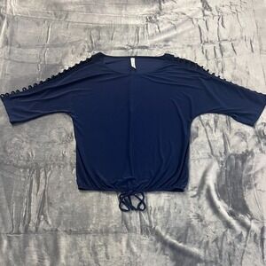 Per Seption Concept Blouse Top Womens S Navy Blue Stretch Lace Up Cut Out Detail